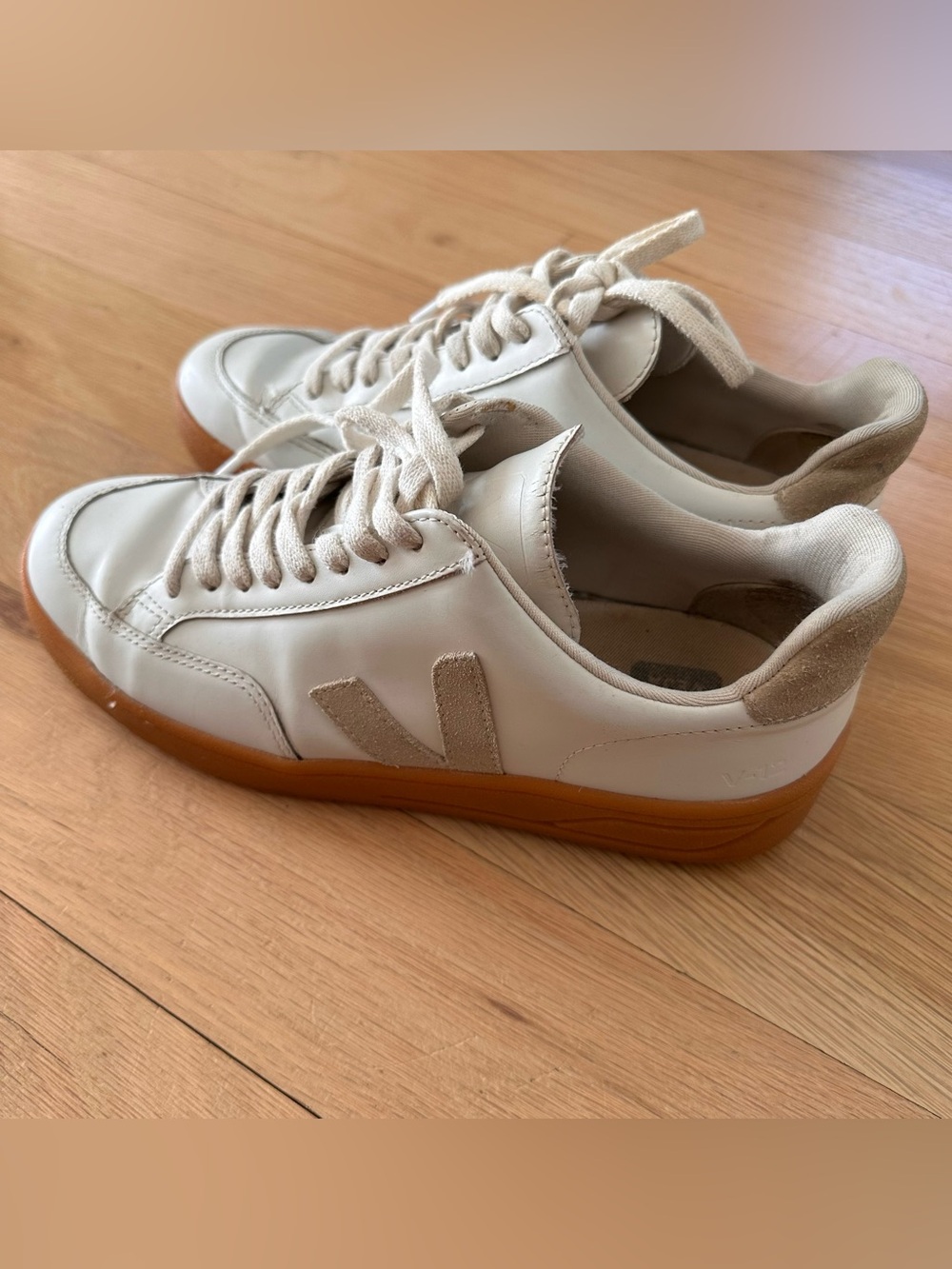 Veja V-12 Leather Sneakers in White and Gum Sole